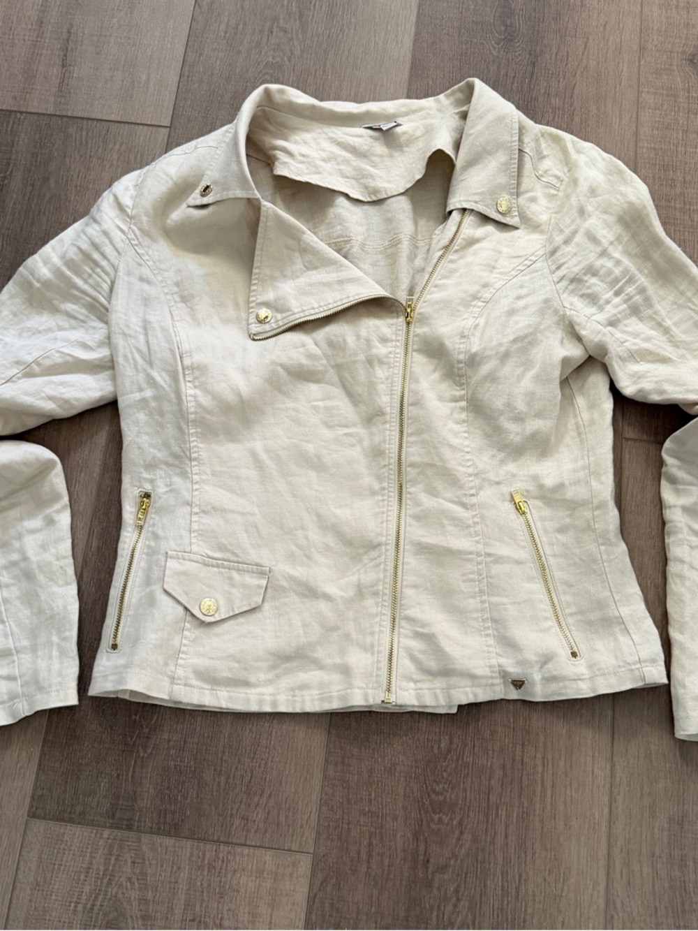 GUESS Womens 100% Linen Moto Biker Full Zip Beige Jacket Size L Gold Zip Utility - Picture 8 of 12